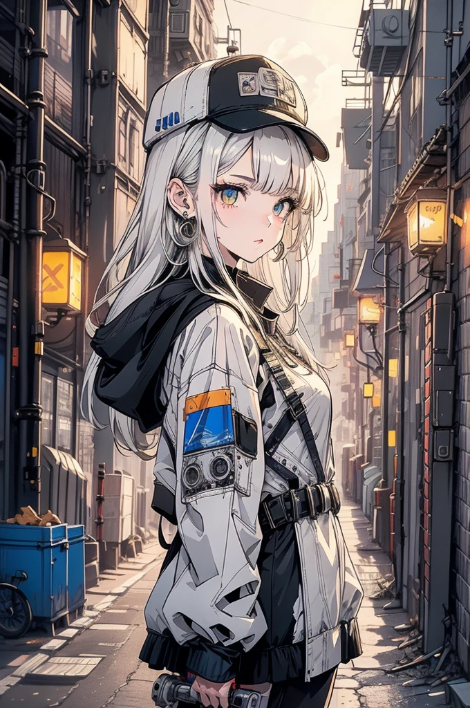 1 Girl, alone, colorful, Yellow Eyes, cyber punk, Mechanical Scrap Zone, Cityscape, Stud earrings, Long, messy white hair, Mechanical Hat, Mechanical Body, robotic Arm, Mecha, robot, Mechanical Maiden, Neon Light, Beautiful light, Character Focus, CG illustration, Bust Shot, 8K resolution, Very detailed, Anatomically correct, Digital Painting, Concept Art, Clear images