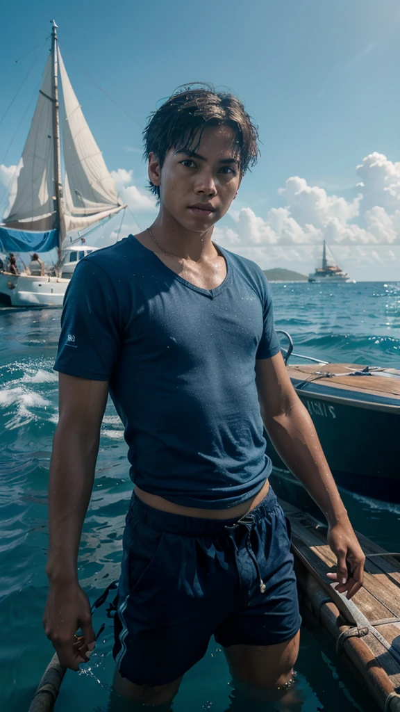 Kai a young boy who loved to sail on his boat on an island, Kai was drowning, fighting to save his life, 4k realistic imagery, blue scenery like a movie scene, old american setting, inspired by blade runner movie scene, blue tone, 9:16 aspect ratio