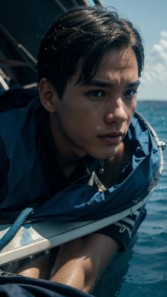 Kai a young boy who loved to sail on his boat on an island, Kai was drowning, fighting to save his life, 4k realistic imagery, blue scenery like a movie scene, old american setting, inspired by blade runner movie scene, blue tone, 9:16 aspect ratio