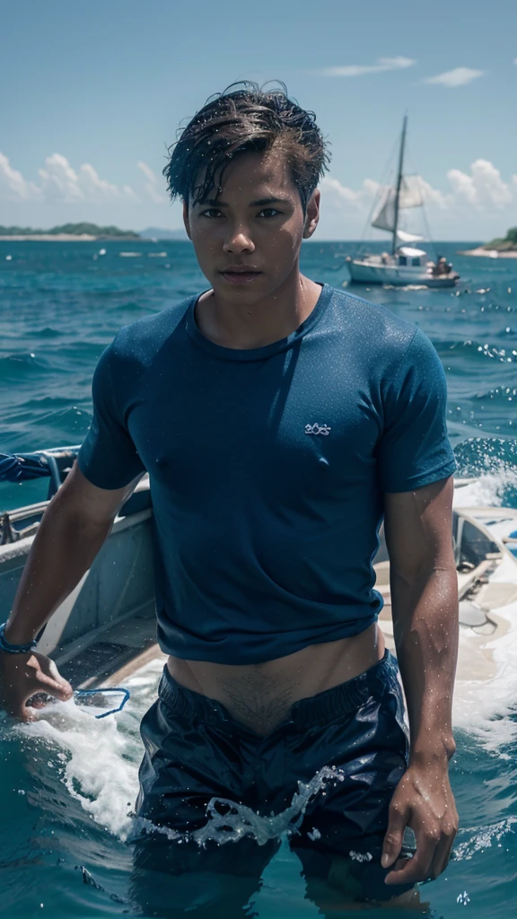 Kai a young boy who loved to sail on his boat on an island, Kai was drowning, fighting to save his life, 4k realistic imagery, blue scenery like a movie scene, old american setting, inspired by blade runner movie scene, blue tone, 9:16 aspect ratio