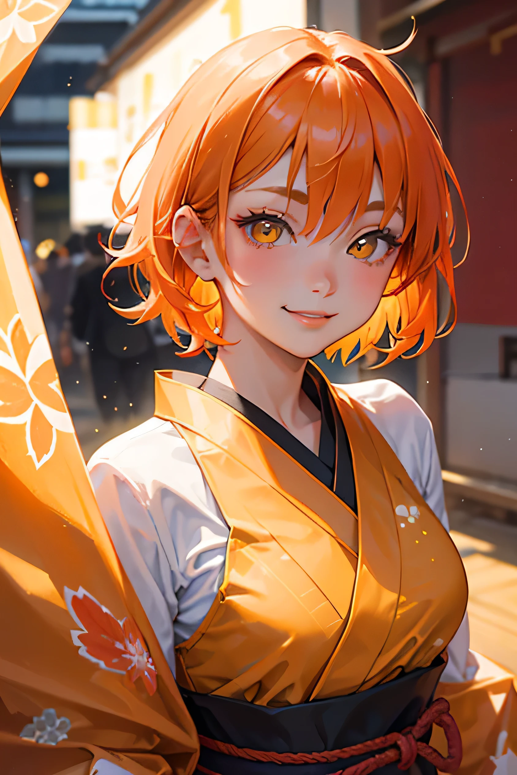 A cool adult woman wearing a Japanese festival costume、1 person、((Orange short hair))、(Yellow Eyes)、Bold Pose、Face close-up、(Tohoku festival background)、strong、Wicked Smile