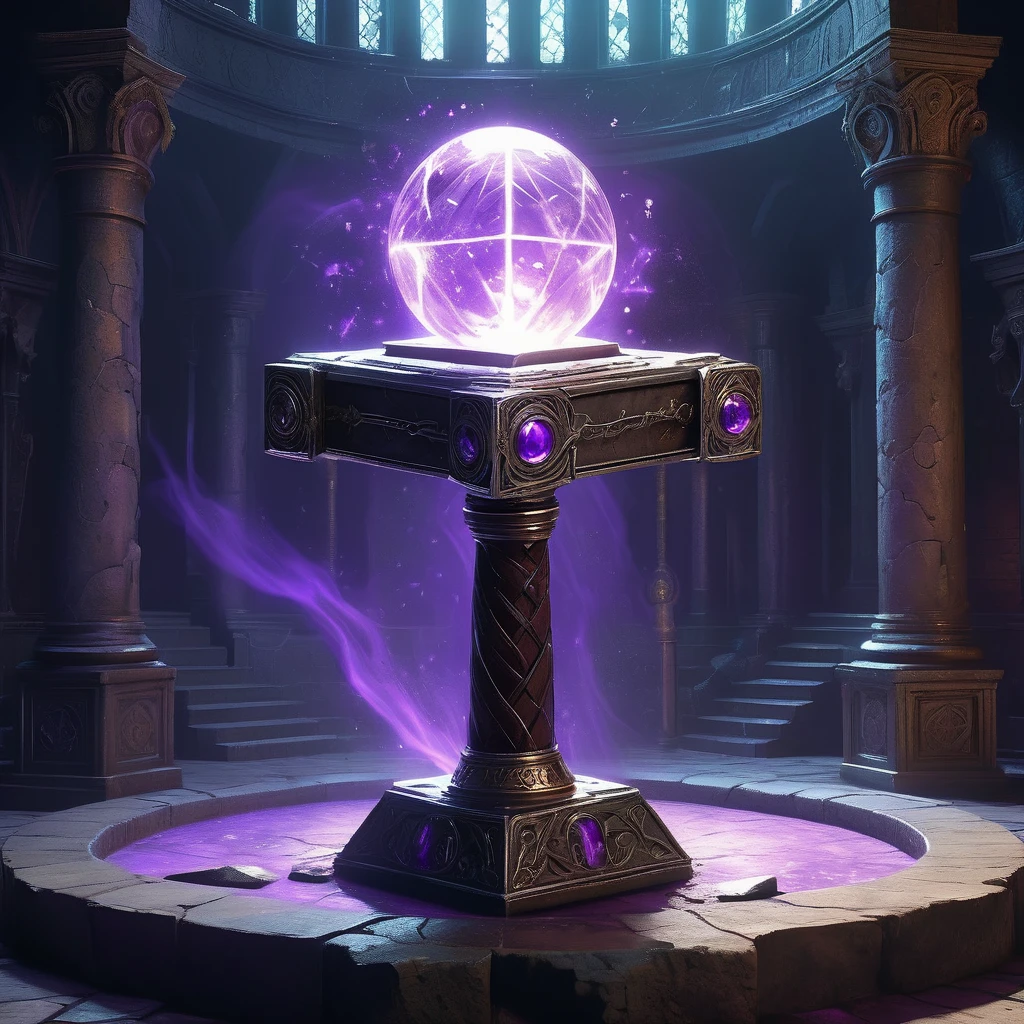 Visualize a medieval fantasy hammer resting on a stone pedestal in the center of an empty, dimly lit chamber. The hammer, forged from an ancient and enchanted metal, exudes a subtle purple glow that pulses rhythmically, casting eerie shadows on the rough-hewn walls. The handle is wrapped in dark leather, intricately embossed with mystical runes and symbols that faintly shimmer with arcane power. The massive head of the hammer is adorned with crystalline veins of amethyst, radiating an aura of formidable magical energy. Surrounding the pedestal are remnants of past enchantments—faded glyphs inscribed on the floor, scattered fragments of enchanted relics, and ancient tomes left open, their pages filled with forgotten spells. Capture the sense of potent magic and latent power in this empty room, where the enchanted hammer awaits a worthy wielder to unlock its true potential in a medieval fantasy world."