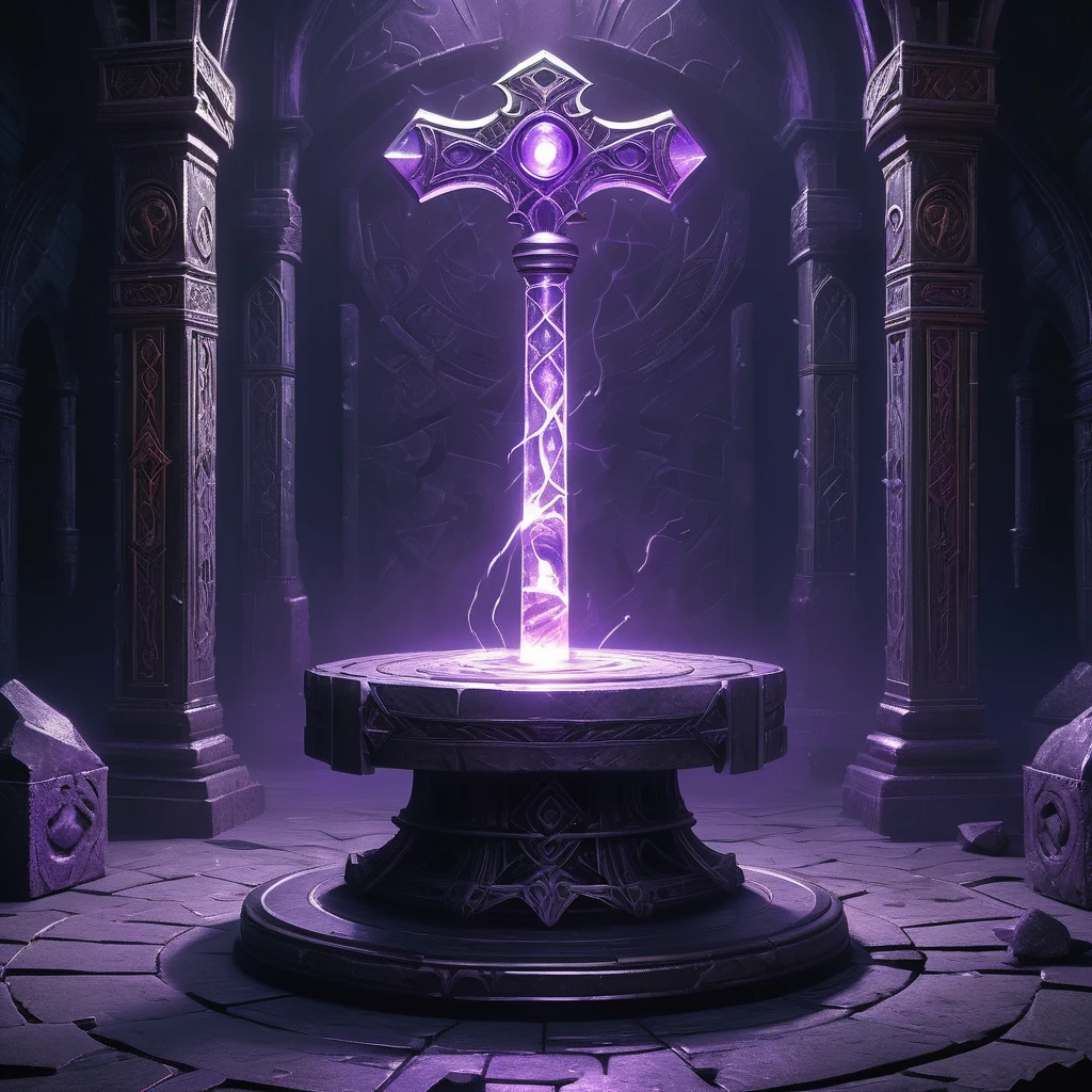 Visualize a medieval fantasy hammer resting on a stone pedestal in the center of an empty, dimly lit chamber. The hammer, forged from an ancient and enchanted metal, exudes a subtle purple glow that pulses rhythmically, casting eerie shadows on the rough-hewn walls. The handle is wrapped in dark leather, intricately embossed with mystical runes and symbols that faintly shimmer with arcane power. The massive head of the hammer is adorned with crystalline veins of amethyst, radiating an aura of formidable magical energy. Surrounding the pedestal are remnants of past enchantments—faded glyphs inscribed on the floor, scattered fragments of enchanted relics, and ancient tomes left open, their pages filled with forgotten spells. Capture the sense of potent magic and latent power in this empty room, where the enchanted hammer awaits a worthy wielder to unlock its true potential in a medieval fantasy world."
