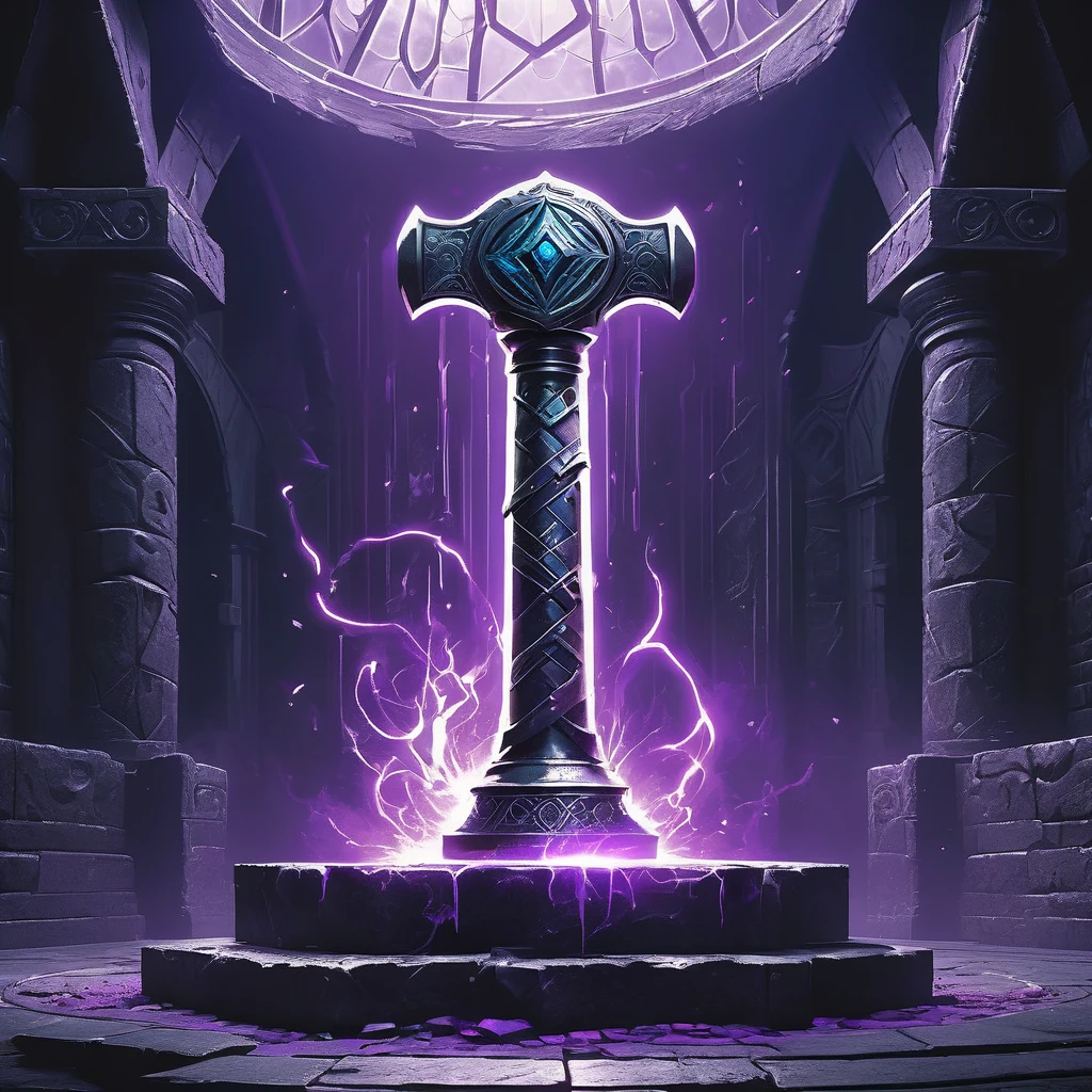 Visualize a medieval fantasy hammer resting on a stone pedestal in the center of an empty, dimly lit chamber. The hammer, forged from an ancient and enchanted metal, exudes a subtle purple glow that pulses rhythmically, casting eerie shadows on the rough-hewn walls. The handle is wrapped in dark leather, intricately embossed with mystical runes and symbols that faintly shimmer with arcane power. The massive head of the hammer is adorned with crystalline veins of amethyst, radiating an aura of formidable magical energy. Surrounding the pedestal are remnants of past enchantments—faded glyphs inscribed on the floor, scattered fragments of enchanted relics, and ancient tomes left open, their pages filled with forgotten spells. Capture the sense of potent magic and latent power in this empty room, where the enchanted hammer awaits a worthy wielder to unlock its true potential in a medieval fantasy world."