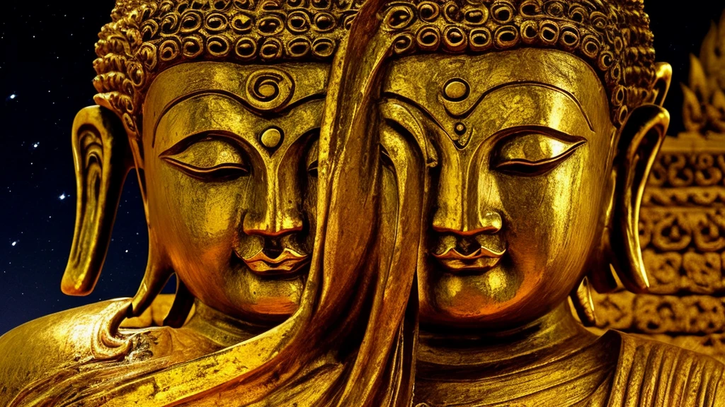 Creepy Buddha Statue, Looking up at the night sky, Intimidating Demon, Giant monk's mouth,Frightening ghost, harmless, Hell on Earth, Super-giant creature, Emanating dignity, Inorganic, Aerial perspective, Primary forest, Majestic monster, Stationary Creatures