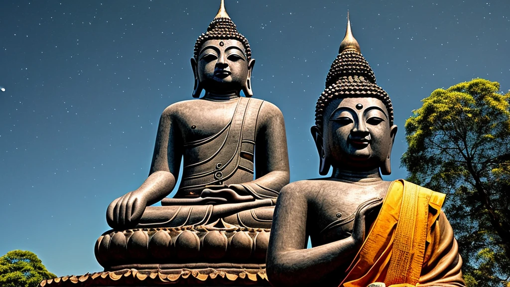 Creepy Buddha Statue, Looking up at the night sky, Intimidating Demon, Giant monk&#39;s mouth,Frightening ghost, harmless, Hell on Earth, Super-giant creature, Emanating dignity, Inorganic, Aerial perspective, Primary forest, Majestic monster, Stationary Creatures