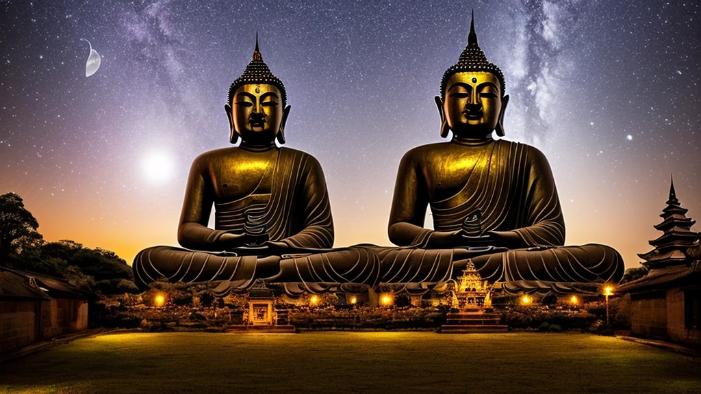 Creepy Buddha Statue, Looking up at the night sky, Intimidating Demon, Giant monk's mouth,Frightening ghost, harmless, Hell on Earth, Super-giant creature, Emanating dignity, Inorganic, Aerial perspective, Primary forest, Majestic monster, Stationary Creatures