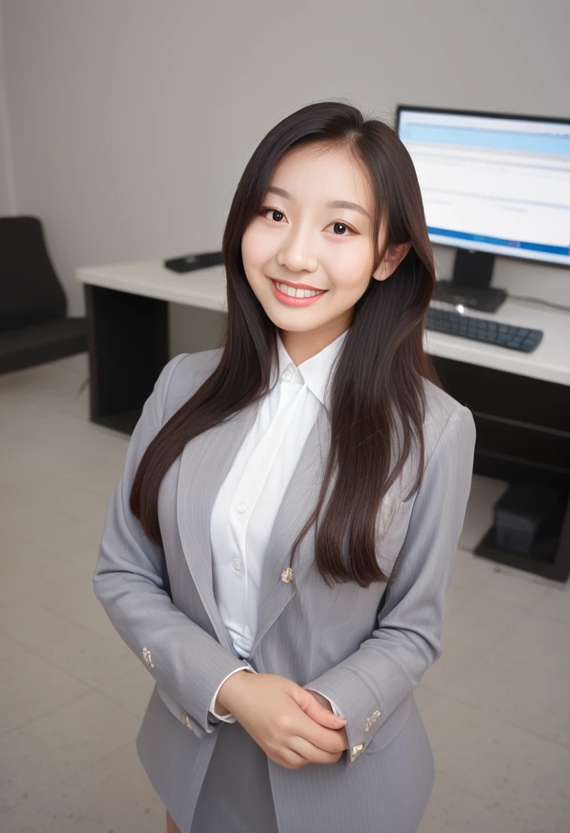 masterpiece, (best quality:1.3), Amazing, beautiful detailed eyes, 1girl, solo, finely detail, depth_of_field, extremely detailed photo unity 8k wallpaper, ([overhead shot]:1.0), long hair, ,A beautiful Asian woman stands elegantly behind the counter of a computer tutoring center, dressed in professional office attire. She is smiling warmly, exuding grace and poise. The scene is brightly lit, with detailed attention to the background and lighting, enhancing the overall beauty, brightness, and professionalism of the setting.