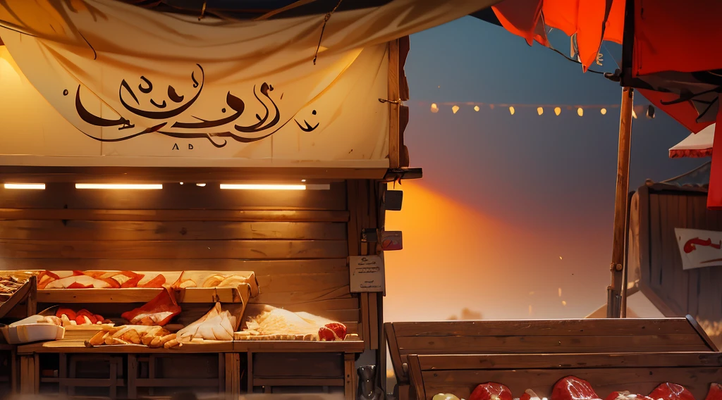 (arabian, traditional market, market stall, ((market tens), butchery)), they sell human flesh, chopped hand and feet, human meats, wooden box, wooden table, sand ground, sand hill behind the stall, dawn time, early morning, 