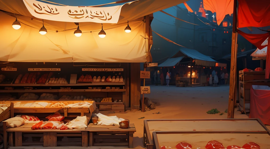(arabian, traditional market, market stall, ((market tens), butchery)), they sell human flesh, chopped hand and feet, human meats, wooden box, wooden table, sand ground, sand hill behind the stall, dawn time, early morning,