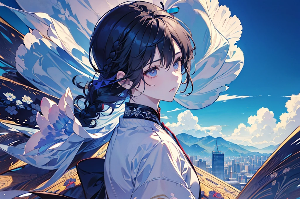 masutepiece, Best Quality,Illustration, Wallpaper, Ultra Detail, absurderes, 1girl in, Solo, (Medium short hair、short braided hair), Beautiful ultra-detailed eyes , (Street:1.3), Sunny bright sky、Hair that flutters in the wind,(a panoramic view:1.5),(Sense of depth:1.3),(longshot:1.3)