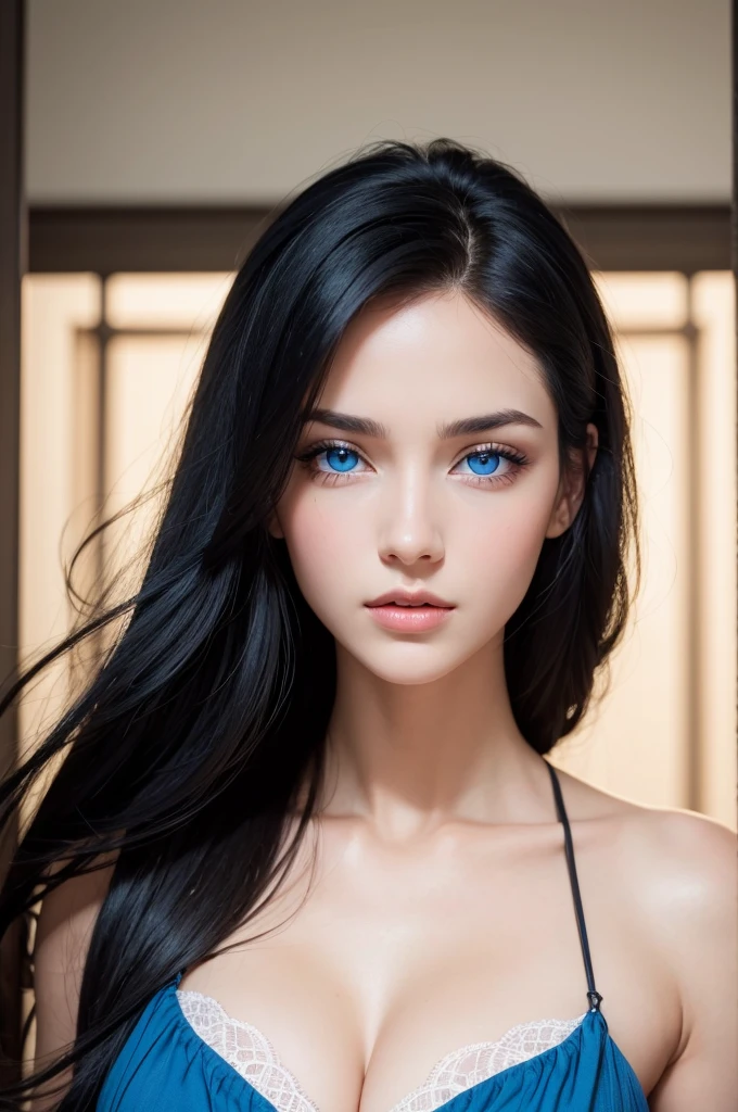 a beautiful woman, with black hair, blue eyes phenomenal face