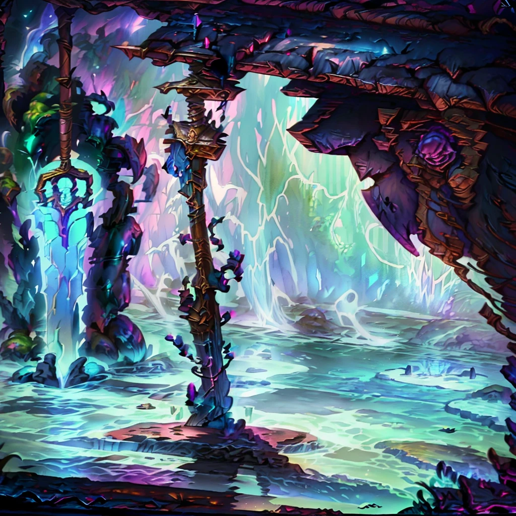 Visualize a medieval fantasy hammer resting on a stone pedestal in the center of an empty, dimly lit chamber. The hammer, forged from an ancient and enchanted metal, exudes a subtle purple glow that pulses rhythmically, casting eerie shadows on the rough-hewn walls. The handle is wrapped in dark leather, intricately embossed with mystical runes and symbols that faintly shimmer with arcane power. The massive head of the hammer is adorned with crystalline veins of amethyst, radiating an aura of formidable magical energy. Surrounding the pedestal are remnants of past enchantments—faded glyphs inscribed on the floor, scattered fragments of enchanted relics, and ancient tomes left open, their pages filled with forgotten spells. Capture the sense of potent magic and latent power in this empty room, where the enchanted hammer awaits a worthy wielder to unlock its true potential in a medieval fantasy world."