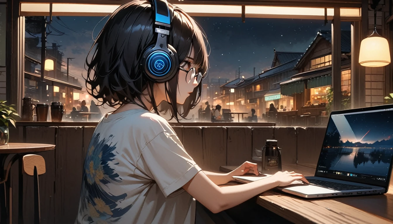 (((from behind))), ((8k of extremely detailed CG unit, Masterpiece, high resolution, highest quality, highest quality real texture skin)), (((indirect lighting))), (((Cafe with a calm atmosphere))), (((Big window with night sky))), (((Japanese style headphones,Glasses))), ((1One Coffee)), ((1 girl)), ((laptop)), (Japanese pattern T-shirt, denim), (Black hair, messy hair, beige skin), (surreal, digital painting)