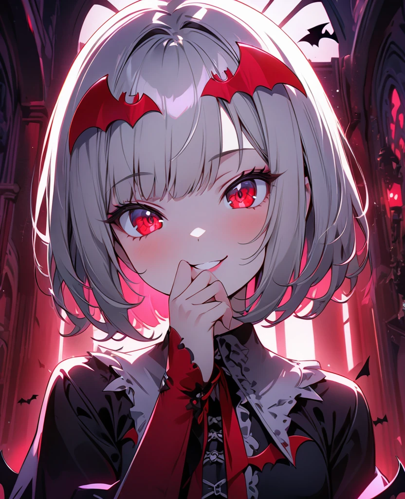 (masterpiece:1.3), (8K、best quality:1.3), (1 girl), (solo), (cute, little:1.3), (very cute face:1.3), (Beautiful face with perfect symmetry), (perfect anatomy), (high detail skin), Rendering of anime girls, beautiful silver hair bob cut, intense red eyes, strong eye highlights, (gothic fashion), (Vampire Dracula), (gothic architecture), (Vampire girl standing in the center of the hall), (Bats are flying around the girl), bat-shaped accessories, smiling, cover your mouth with your hand, upper body close-up, volume lighting, soft light, bright, neon, bright色, , Create digital artwork in pop art style