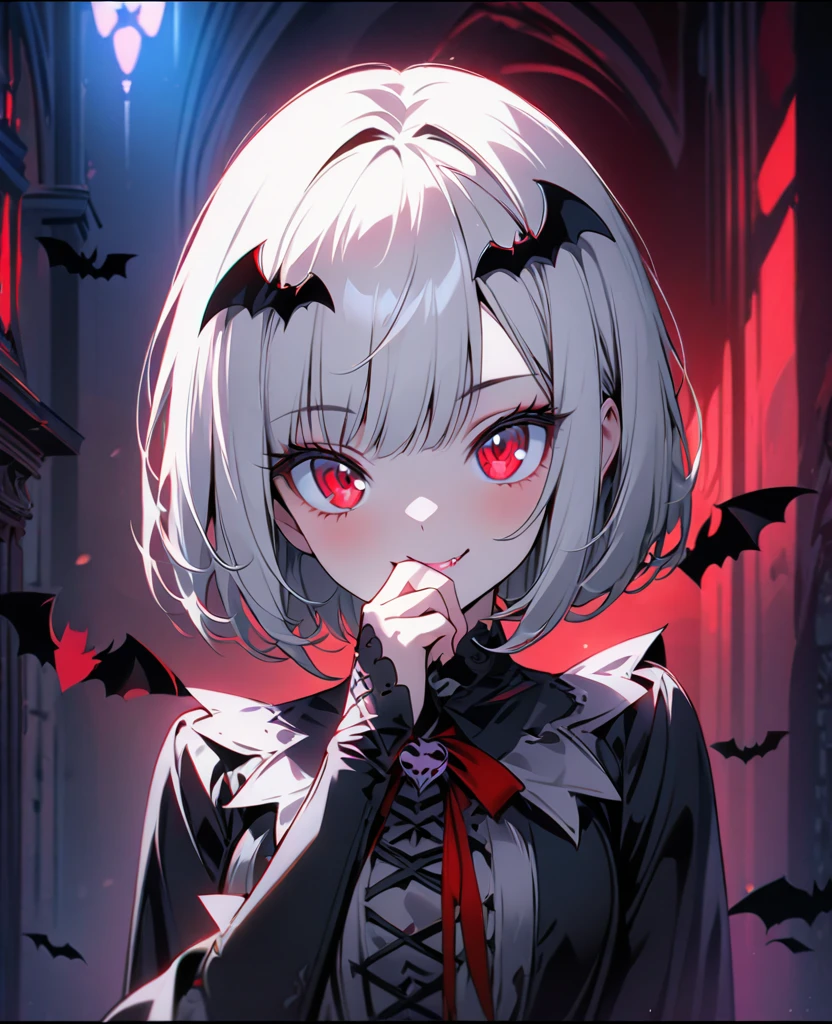(masterpiece:1.3), (8K、best quality:1.3), (1 girl), (solo), (cute, little:1.3), (very cute face:1.3), (Beautiful face with perfect symmetry), (perfect ???????), (high detail skin), Rendering of anime girls, beautiful silver hair bob cut, intense red eyes, strong eye highlights, (gothic fashion), (Vampire Dracula), (gothic architecture), (Vampire girl standing in the center of the hall), (Bats are flying around the girl), bat-shaped accessories, smiling, cover your mouth with your hand, upper body close-up, volume lighting, soft light, bright, neon, bright色, , Create digital artwork in pop art style