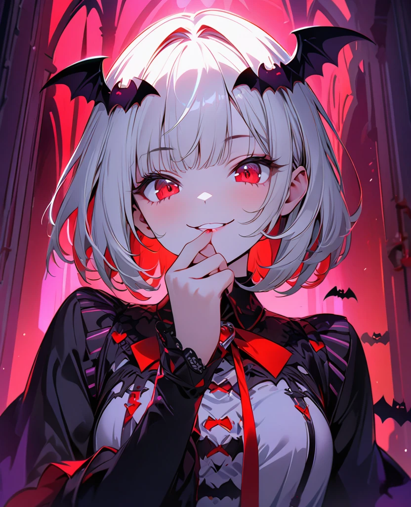 (masterpiece:1.3), (8K、best quality:1.3), (1 girl), (solo), (cute, little:1.3), (very cute face:1.3), (Beautiful face with perfect symmetry), (perfect anatomy), (high detail skin), Rendering of anime girls, beautiful silver hair bob cut, intense red eyes, strong eye highlights, (gothic fashion), (Vampire Dracula), (gothic architecture), (Vampire girl standing in the center of the hall), (Bats are flying around the girl), bat-shaped accessories, smiling, cover your mouth with your hand, upper body close-up, volume lighting, soft light, bright, neon, bright色, , Create digital artwork in pop art style
