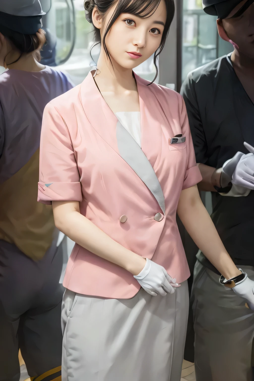 (masterpiece:1.2, Highest quality:1.2), 32k HDR, High resolution, (alone、1 girl)、(On the rooftop of a building in the daytime、Professional Lighting)、Building rooftop background、(Nankai train crew uniform pinkを着たリアルスタイル)、(Nankai train crew uniform pink short sleeve collarless pink jacket、Nankai Train Crew Uniform Pink Collarless Short Sleeve Blouse、Nankai Train Crew Uniform Pink Grey Knee-length Culottes)、((The bottom of the pink short-sleeved jacket cannot be tucked into the clay-colored culottes.))、Dark brown hair、(Hair tied up、Hair Bun、Hair Bun)、Dark brown hair、Long Shot、Big Breasts、Thin legs、((Great hands:2.0)),((Harmonious body proportions:1.5)),((Normal limbs:2.0)),((Normal finger:2.0)),((Delicate eyes:2.0)),((Normal eyes:2.0)))、(Nankai Train Crew Uniform Pink Grey Knee-length Culottesを見せた美しい立ち姿)、smile