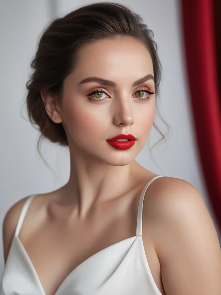 (best quality,4k,8k,highres,masterpiece:1.2),ultra-detailed,(realistic,photorealistic,photo-realistic:1.37),beautiful eyes,beautiful lips,detailed face,red lipstick,gorgeous woman,white dress,elegant fashion model,elegant look,long eyelashes,confident expression,flawless skin,posing gracefully,flowing fabric,soft and silky material,graceful movement,vibrant colors,artistic lighting,studio photo shoot, dreamy atmosphere