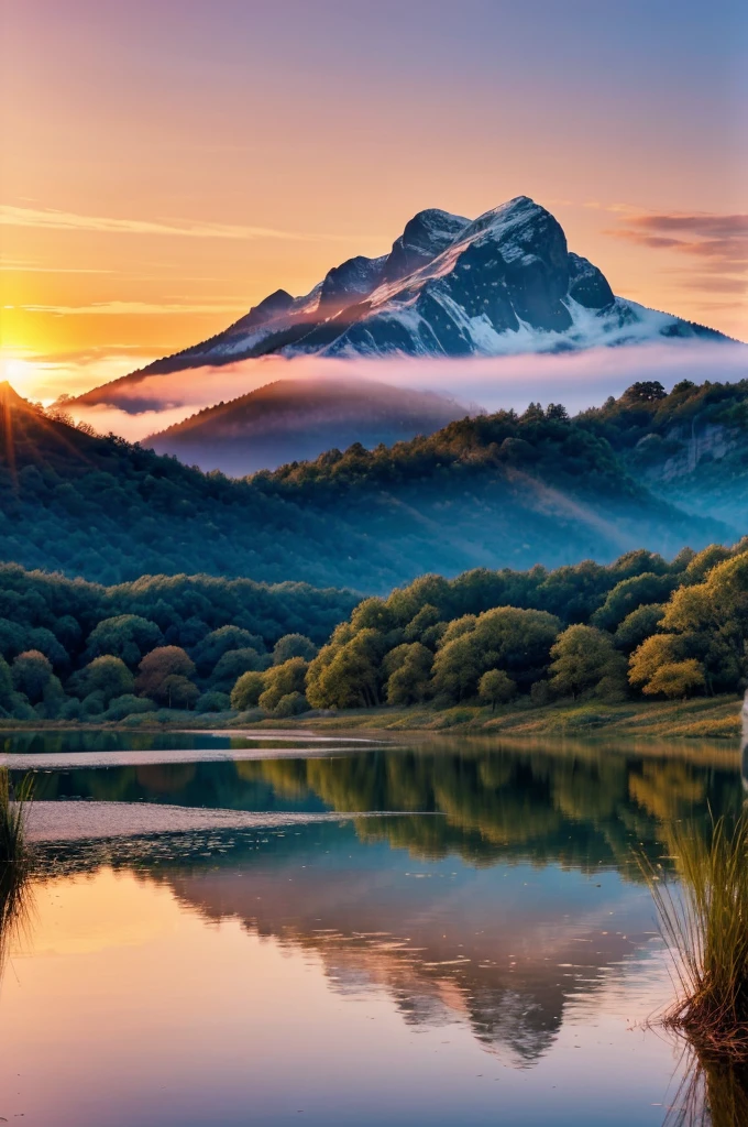 A beautiful sunrise over a serene landscape, with soft, inspirational music playing in the background."