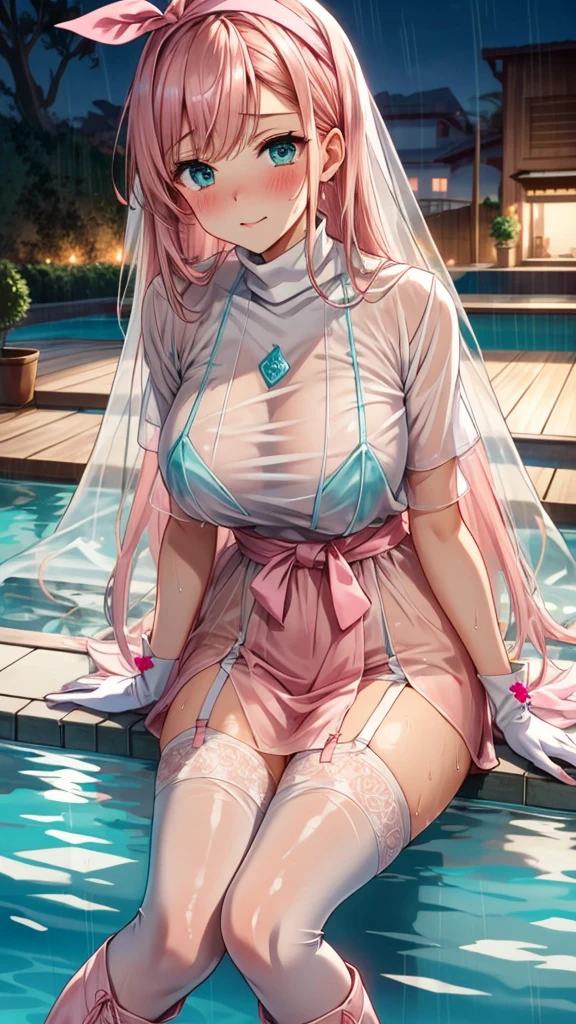 Full body depiction on screen,　Glaring Eyes　Showing disgust　Blonde Long Hair　anime　Romanesque style　 Super Curly Hair　Super long sideburns　Wet and transparent salmon pink turtleneck wedding dress　cuteポージング　Pool at night　Droopy eyes　Ribbon headband　Aqua Blue Rubber Sheets　Aqua Blue Rubber Bed　Sitting　Sad face　Embarrassing　Blushing　Wet and see-through salmon pink berry long skirt　Wet and see-through salmon pink tights　Wet and see-through salmon pink underwear　Metal luster　Chest mesh　Multiple ribbons　Soaked in the rain　Wet and see-through salmon pink super long gloves　Wet and see-through salmon pink pantyhose　Wet and transparent shocking pink garter belt　cute　Pitiful　clear　Big eyes　Droopy eyes　Pale pink rouge　Shocking Pink Pink Long Boots　Wet and see-through salmon pink bodysuit