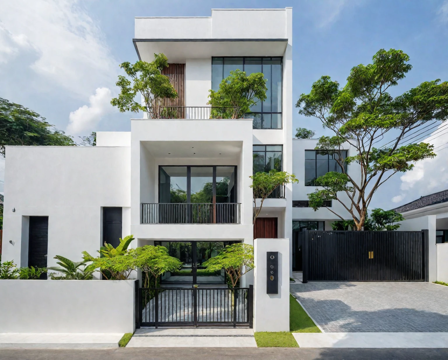 RAW photo, a photo of a modern villa, sidewalk, sidewalk trees, steel gate, road, viet nam modern residence, a car parked in front of it, rough white wall, new residential area, wide angle exterior 2022, contemporary house, exterior photography, masterpiece, contemporary architecture, overcast, indirect lighting