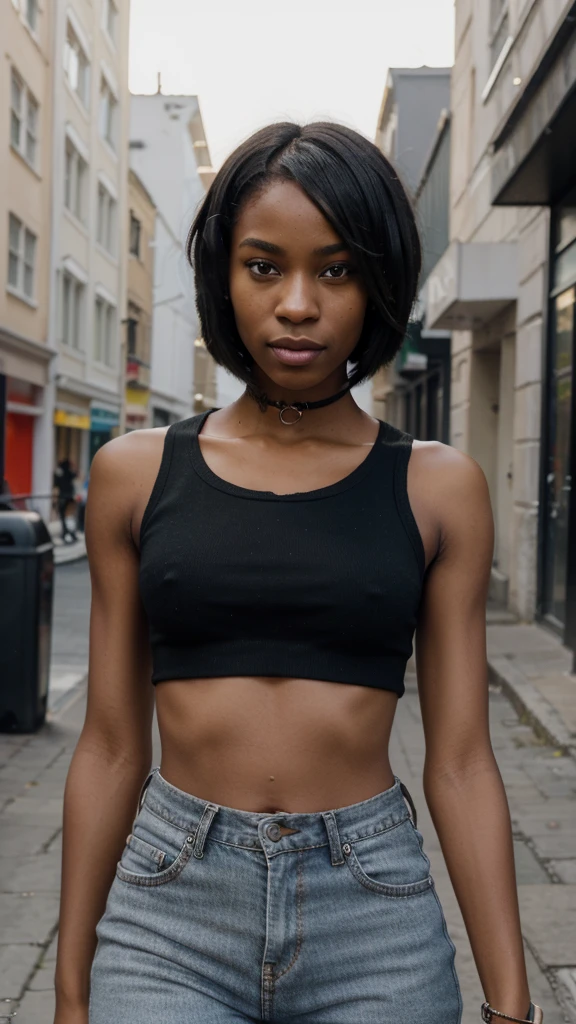 (award winning photography) A 21 year old ((skinny jamaican)) , music chanel presenter, defined jawline, nerdy, mouth slightly open, short edgy bob haircut , stylish urban clothing photographed by famous photographer