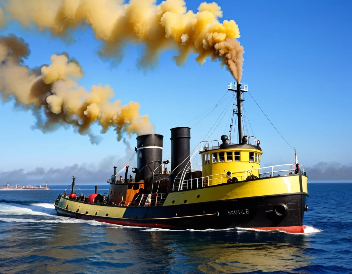 Old steam tug. working hard. Open sea. clear blue sky. one big wide central smoking funnel behind wheel house on superstructure ((brown smoke))(((yellow smoke)))(white smoke).