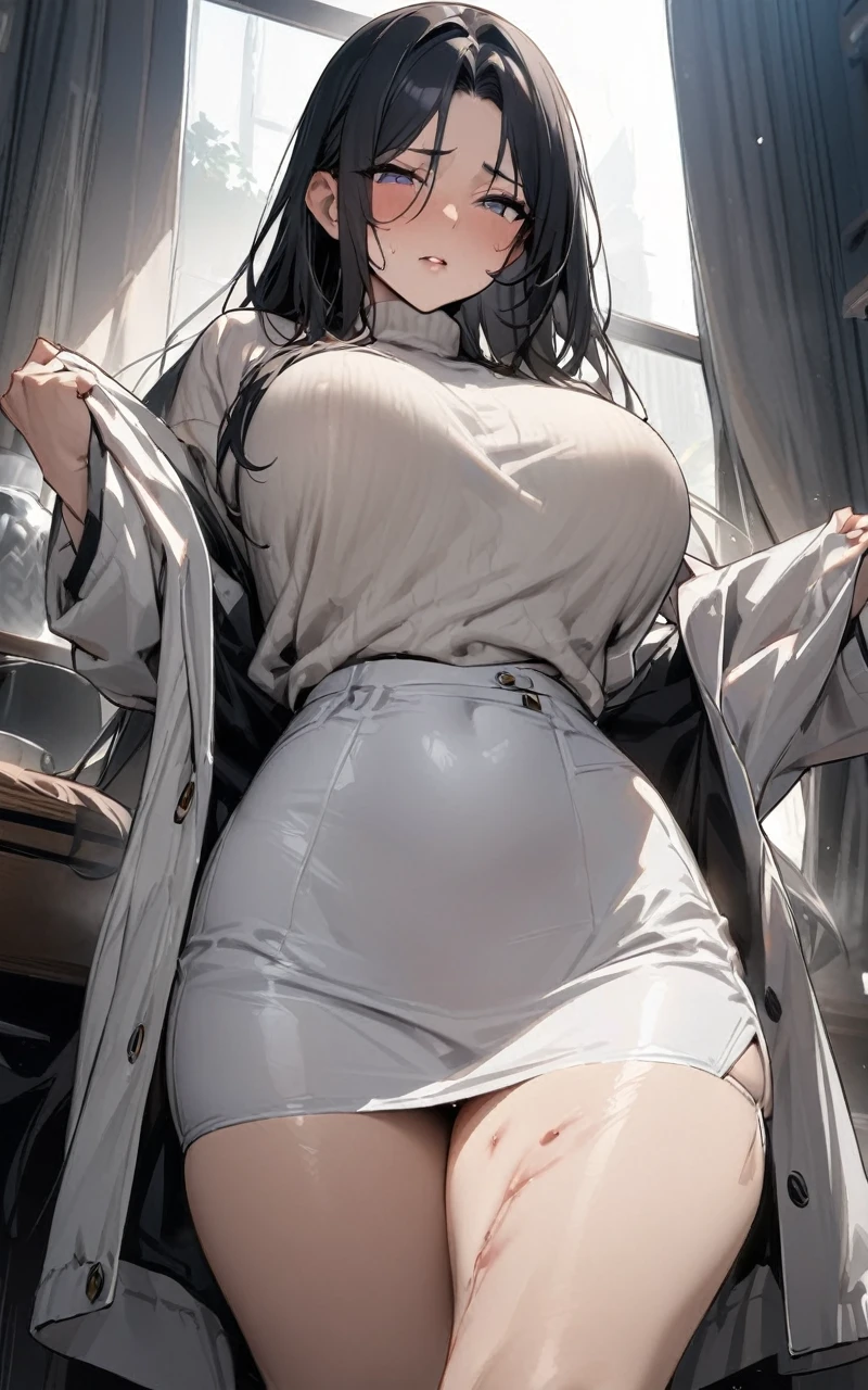 (masterpiece, Highest quality:1.2), Mature Woman、40 years old、Black long hair、wrinkle、White tight sweater、Flesh-colored jacket、White short skirt、