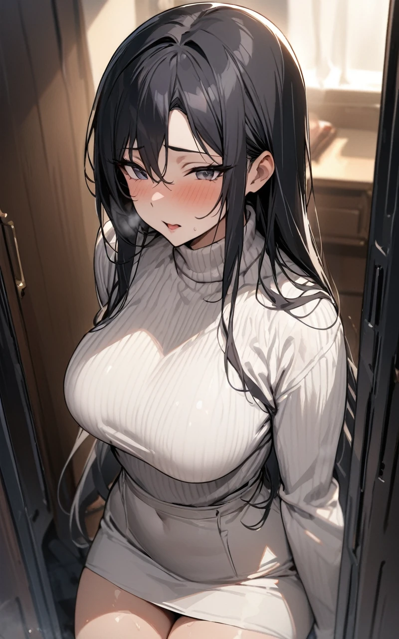 (masterpiece, Highest quality:1.2), Mature Woman、40 years old、Black long hair、wrinkle、White tight sweater、Flesh-colored jacket、White short skirt、