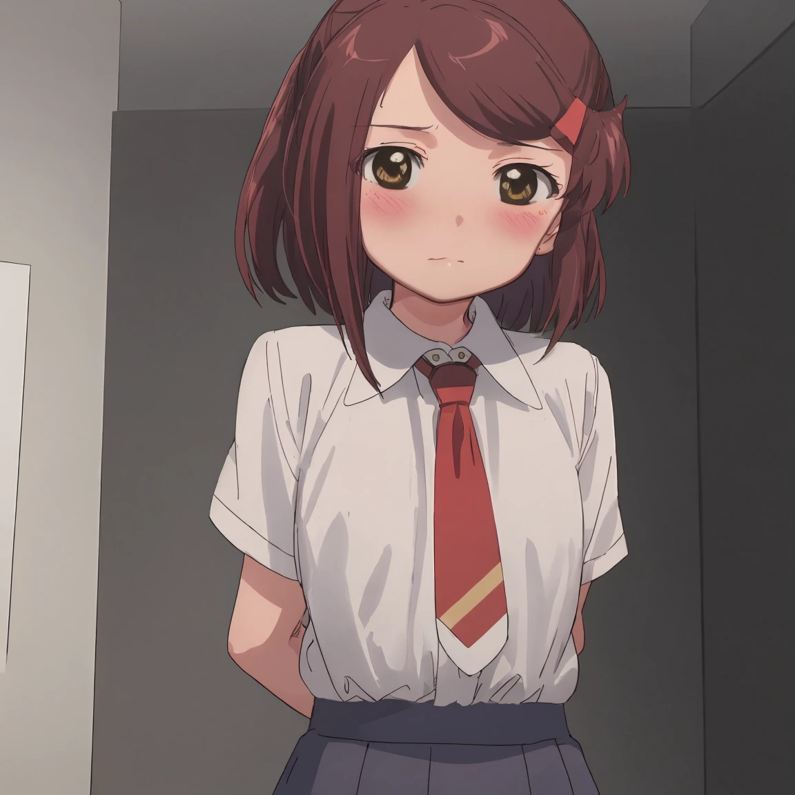 1girl, (suminoe_ako:1.3), standing, solo, blush, upper body, closed mouth, skirt, white shirt, (red necktie:1.0), looking at viewer, (brown:1.0) short sleeves, arms behind back