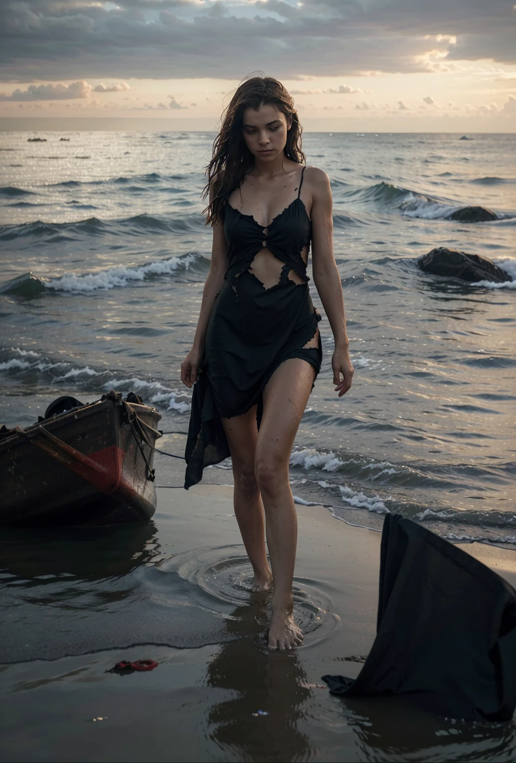 reference sheet: 1.8, great details, high quality, masterful work, a beautiful girl walks along the surface of the water at dusk, gloomy atmosphere, wet dress, gloomy background, River, stones, Dry trees, girl in a wet dress, Barefoot, bare legs, got lost, girl in search, in a torn dress, torn clothes, torn fabric, pieces of cloth, came ashore after a shipwreck, shipwrecks float in the distance, wounds and abrasions on the body, идет и limps, in search of accommodation and food, a seriously wounded girl in scraps of dress and torn fabric, holds the wet hem of her dress with one hand, wounded body, seriously wounded girl can barely walk, blood из раны, blood, twilight, sunny goes beyond the horizon, it's getting dark , limps,