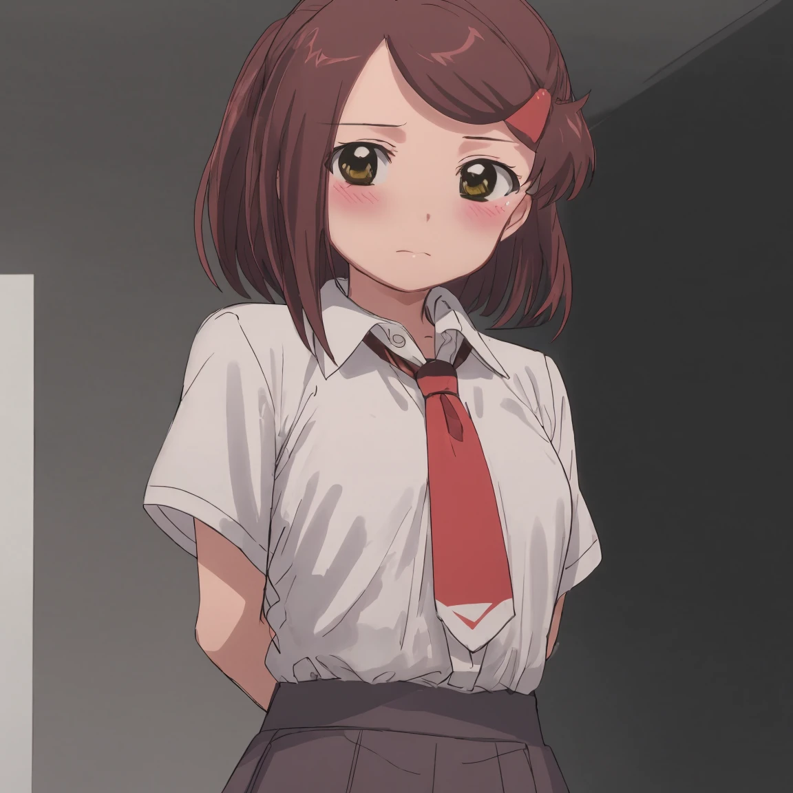 1girl, (suminoe_ako:1.3), standing, solo, blush, upper body, closed mouth, skirt, white shirt, (red necktie:1.0), looking at viewer, (brown:1.0) short sleeves, arms behind back