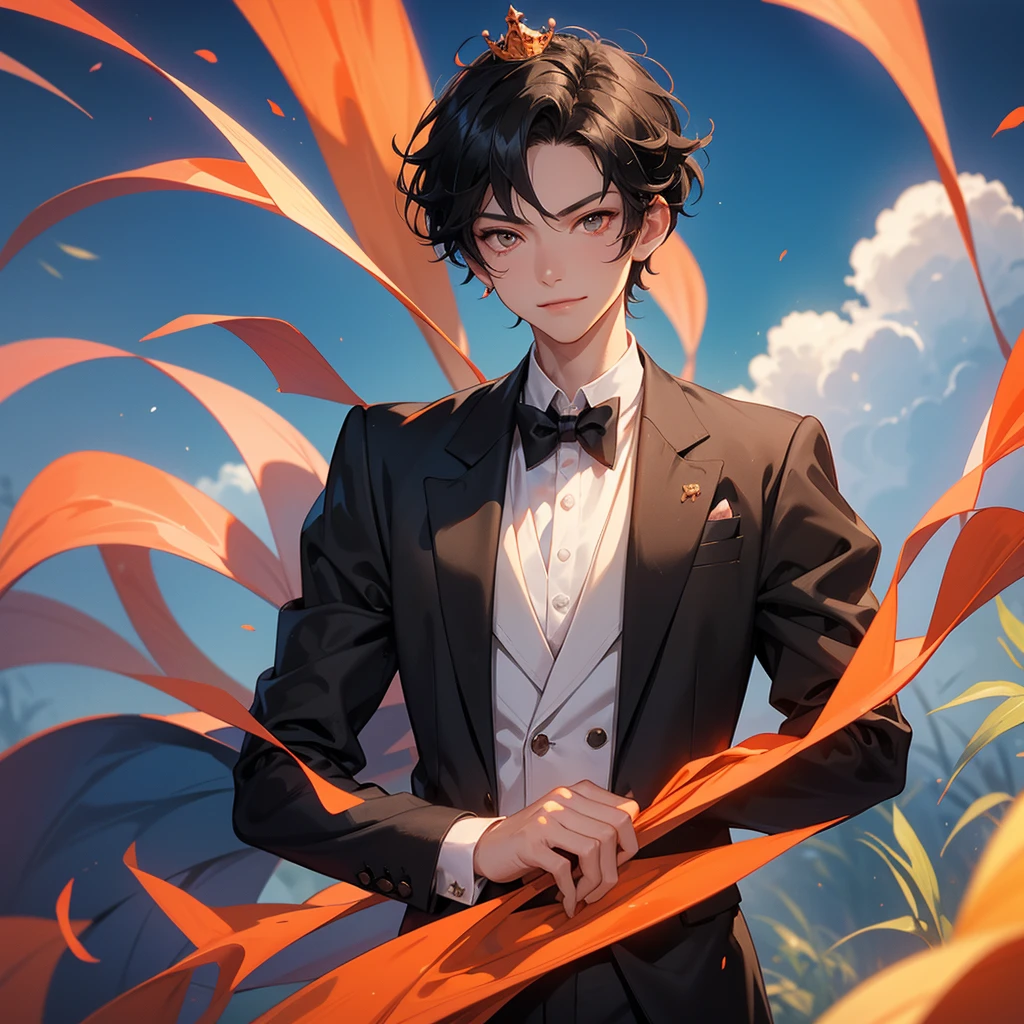1 boy, 16 years old, short hair, black hair, wear a prince crown, orange eyes, lightly tanned skin, a red prince tuxedo, mischievous smirk, background in a field under the blue sky
