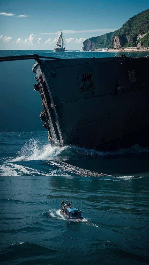 Kai was drowning, his boat experienced a shipwreck, Kai was fighting to save his life in the sea, 4k realistic imagery, blue scenery like a movie scene, old american setting, inspired by blade runner movie scene, blue tone, 9:16 aspect ratio