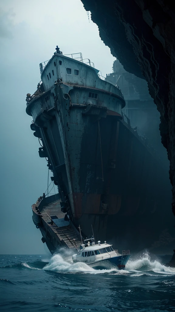 Kai was drowning, his boat experienced a shipwreck, Kai was fighting to save his life in the sea, 4k realistic imagery, blue scenery like a movie scene, old american setting, inspired by blade runner movie scene, blue tone, 9:16 aspect ratio