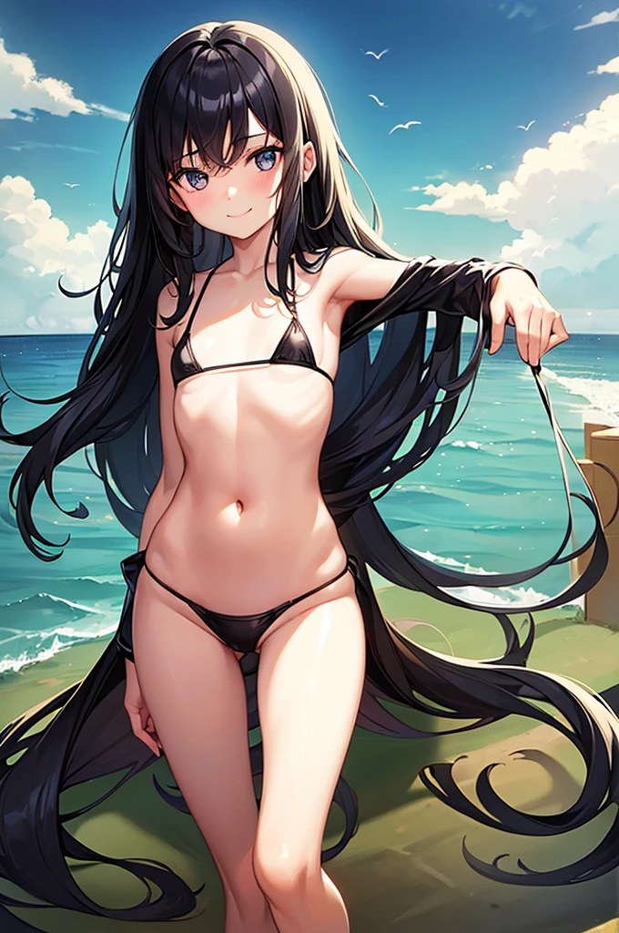 1 girl, cute girl, pretty face, bitter smile, , Beautiful black long hair, beautiful eyes, flat chest, small build, short torso, Small buttocks, No muscles, white skin, Very small bikini, micro bikini, see-through, Under the sea