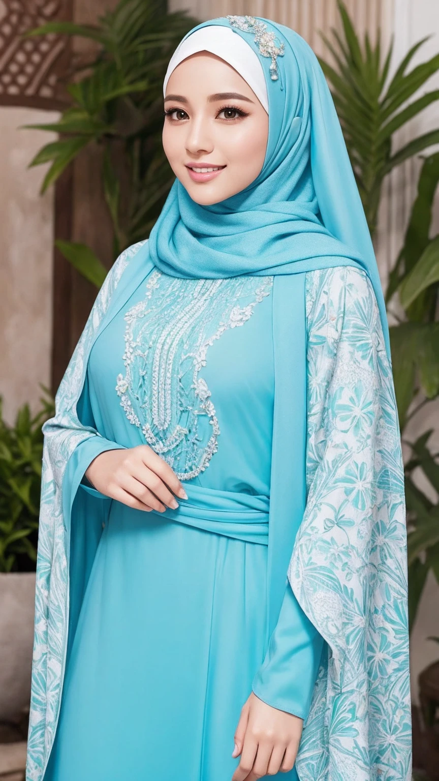 Create an ultra-realistic, photorealistic image of a 30-year-old Malaysian woman wearing a hijab. The woman should have a perfect body, glossy lips, big eyelashes with eyeliner, and double eyelids. The image should portray her in a modern chic hijab style with geometric patterns in pastel colors, accessorized with a brooch. The background should be a lush tropical garden, vibrant and green. The woman should be in a standing pose, smiling softly, looking to the side, with her hands gently touching the hijab. The overall style should be super cute with elements of surrealism integrated into the design. Ensure the lighting and textures are detailed to achieve a highly realistic and captivating effect
