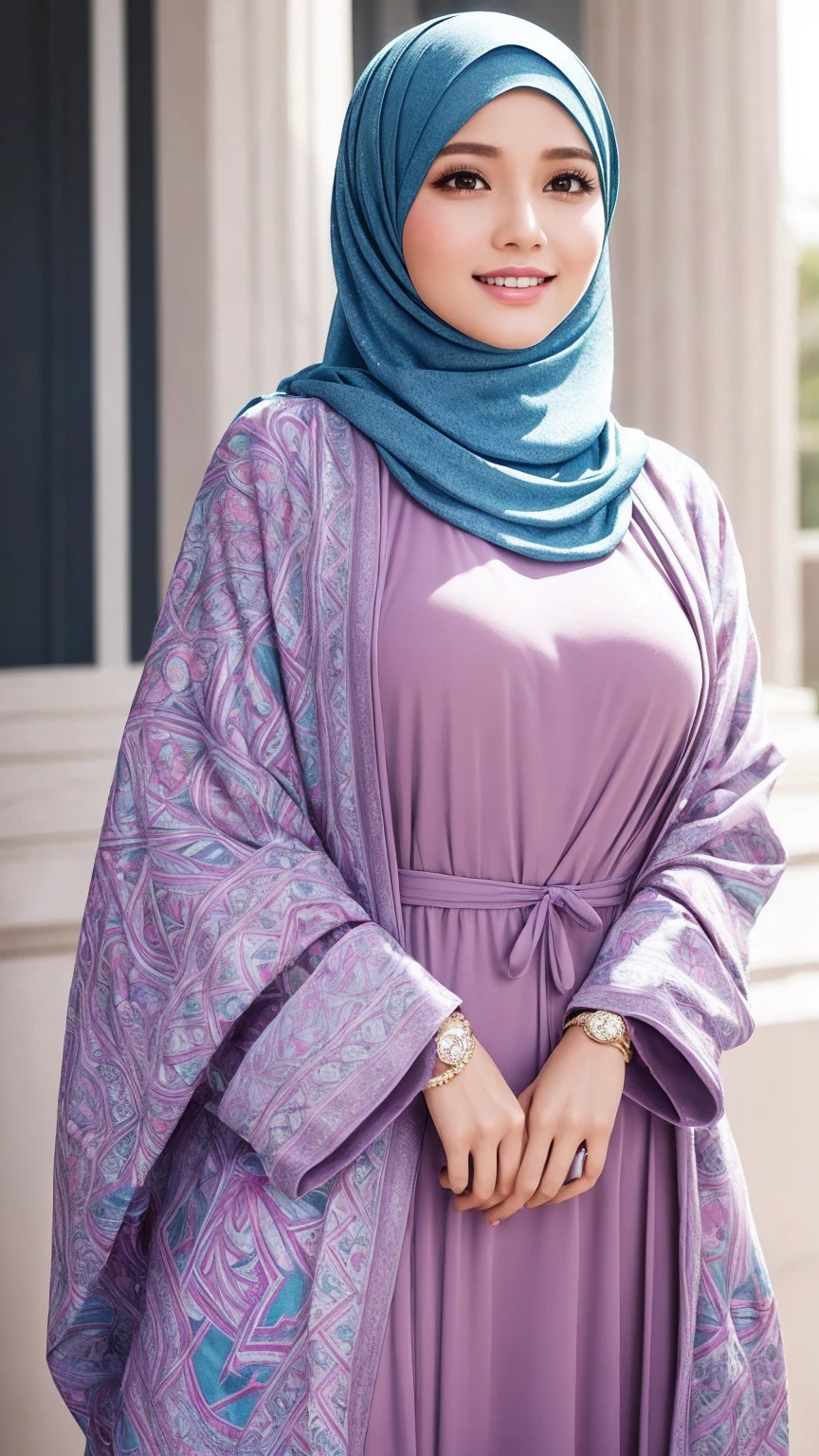 Create an ultra-realistic, photorealistic image of a 30-year-old Malaysian woman wearing a hijab. The woman should have a perfect body, glossy lips, big eyelashes with eyeliner, and double eyelids. The image should portray her in a modern chic hijab style with geometric patterns in pastel colors, accessorized with a brooch. The background should be a lush tropical garden, vibrant and green. The woman should be in a standing pose, smiling softly, looking to the side, with her hands gently touching the hijab. The overall style should be super cute with elements of surrealism integrated into the design. Ensure the lighting and textures are detailed to achieve a highly realistic and captivating effect