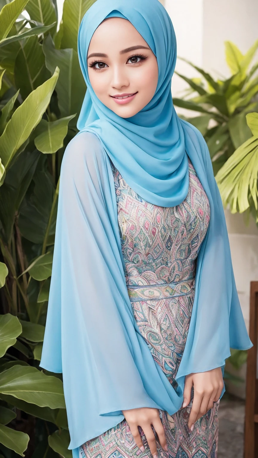 Create an ultra-realistic, photorealistic image of a 30-year-old Malaysian woman wearing a hijab. The woman should have a perfect body, glossy lips, big eyelashes with eyeliner, and double eyelids. The image should portray her in a modern chic hijab style with geometric patterns in pastel colors, accessorized with a brooch. The background should be a lush tropical garden, vibrant and green. The woman should be in a standing pose, smiling softly, looking to the side, with her hands gently touching the hijab. The overall style should be super cute with elements of surrealism integrated into the design. Ensure the lighting and textures are detailed to achieve a highly realistic and captivating effect
