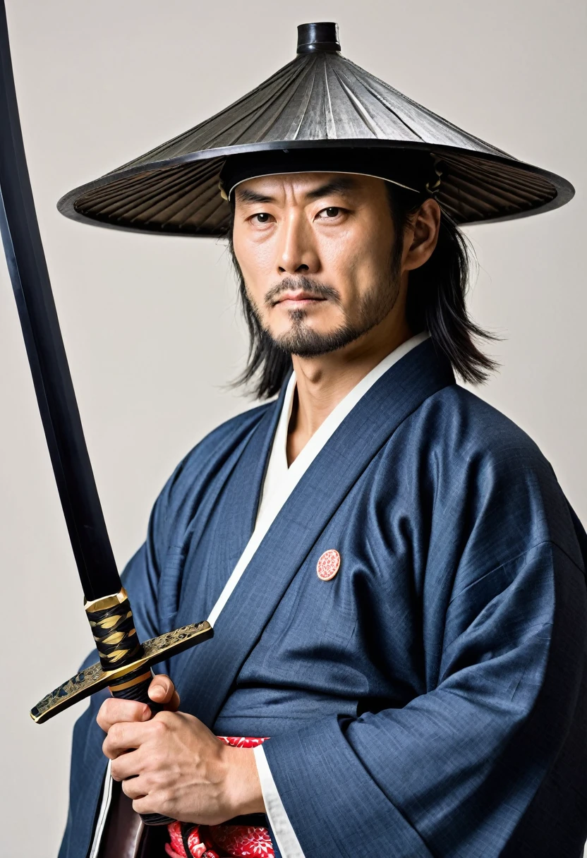 arafed man in a kimono with a sword and a hat, clothed in old samurai uniform, japanese warrior, as samurai, ancient japanese samurai, shikanosuke yagaki, japanese samurai, samurai style, inspired by Kanō Eitoku, miyamoto musashi, inspired by Kanō Sanraku, inspired by Kanō Tanshin