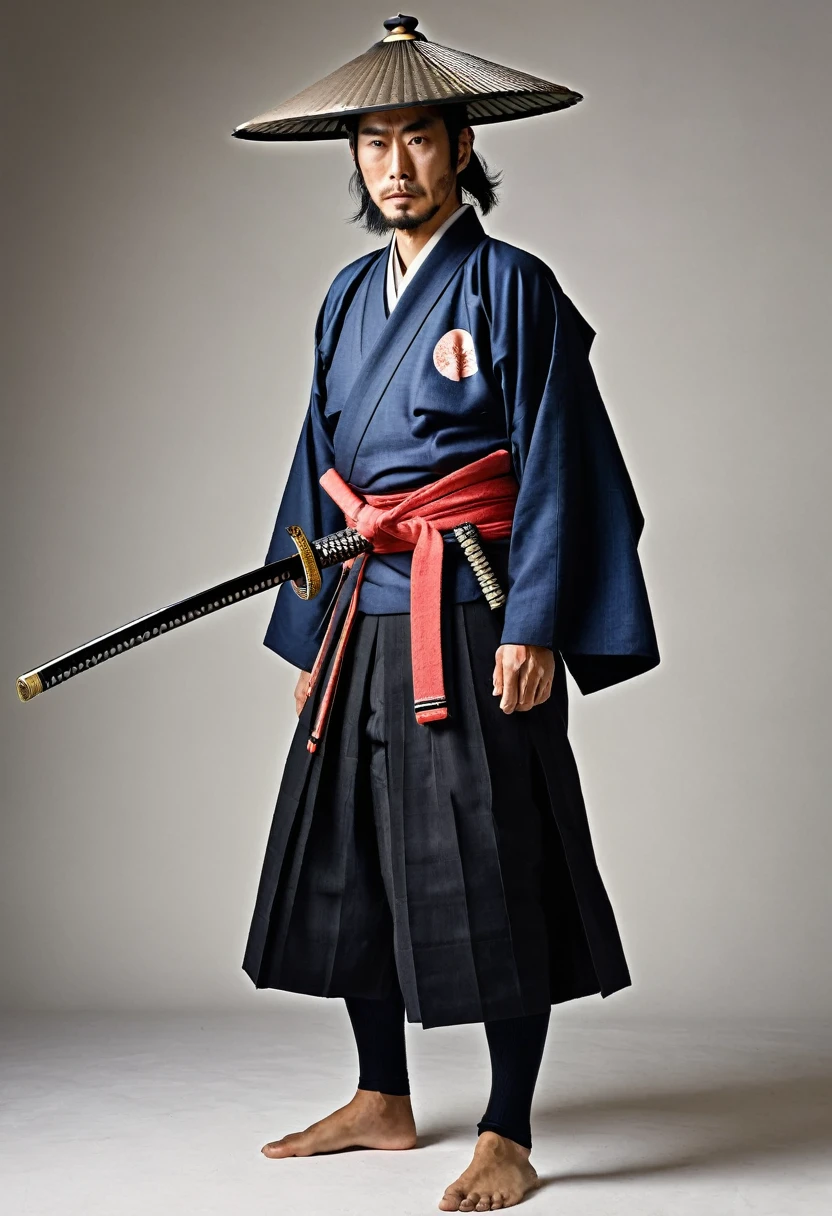 arafed man in a kimono with a sword and a hat, clothed in old samurai uniform, japanese warrior, as samurai, ancient japanese samurai, shikanosuke yagaki, japanese samurai, samurai style, inspired by Kanō Eitoku, miyamoto musashi, inspired by Kanō Sanraku, inspired by Kanō Tanshin