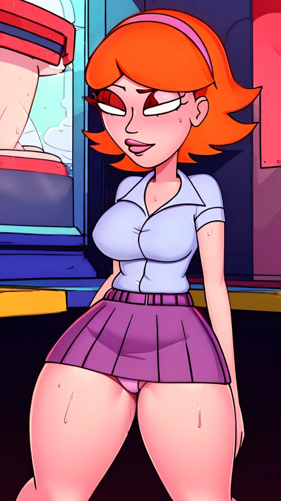 a teenage girl sexy attractive beautiful cool popular short orange hair disheveled cut light red lip wears long light blue button shirt sensual curves and a short purple miniskirt pair short blue socks legs white heel 