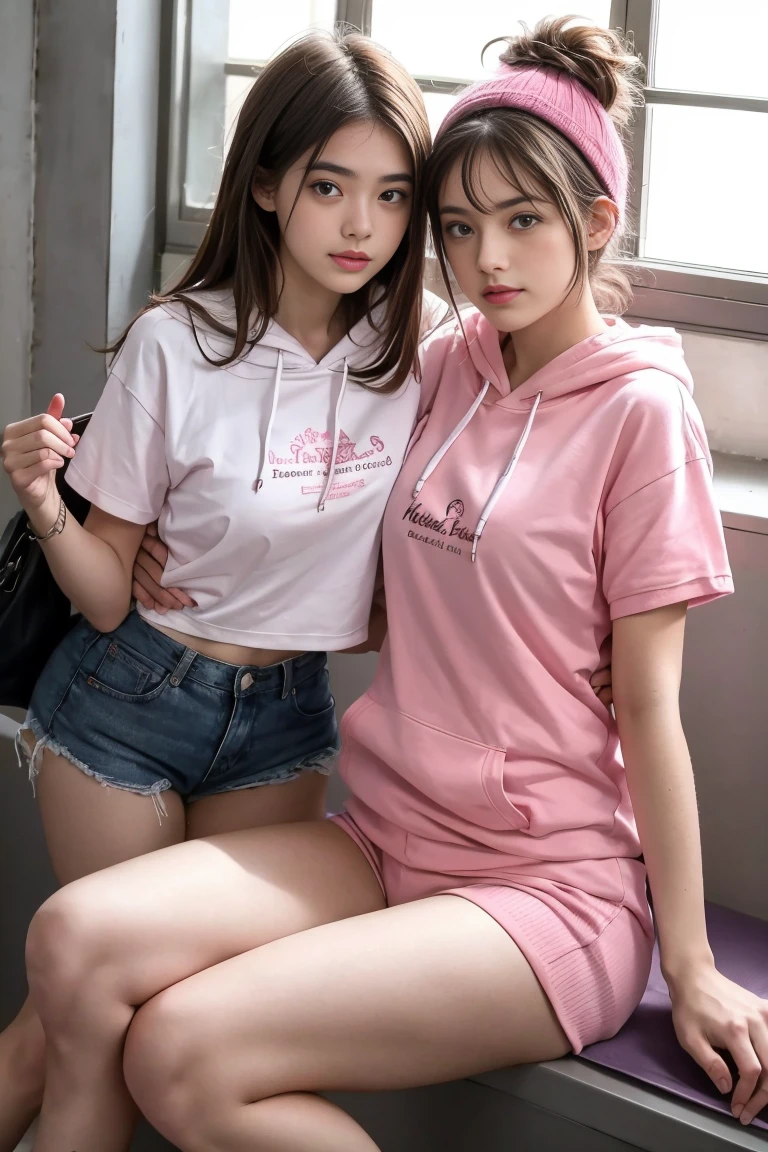 deux femmes ensemble de 18 ans sexy et mince , pink short sleeve hoodie , salle de classe, se touche,position sey,sensuel
