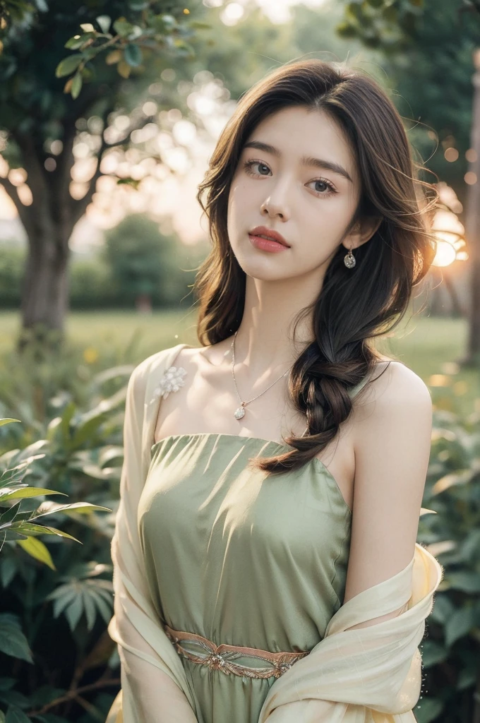 (((best quality))),(((ultra detailed))),(((masterpiece))),illustration,1 beautiful girl,solo,slim,thin,flat chest,shoulder length straight bob hair,flowing hair,fair skin,sparkling eyes,cherry red dress,delicate silver necklace,lush green grass,dewdropletts,lush trees,bird chirping,rustling leaves,brilliant sky,orange and pink,rising sun,shimmering shadows,serenity,beauty,gratitude,awe,wonders of nature,peace,contentment,magnificent world,summer,sunrise,(dawn:1.5),upper body,from front