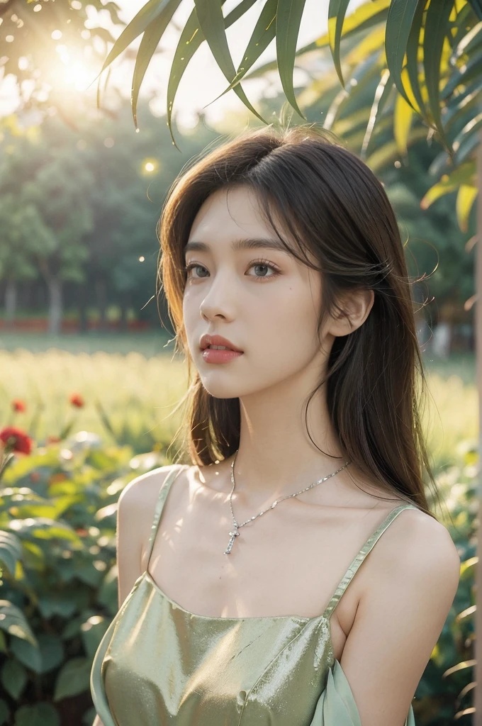 (((best quality))),(((ultra detailed))),(((masterpiece))),illustration,1 beautiful girl,solo,slim,thin,flat chest,shoulder length straight bob hair,flowing hair,fair skin,sparkling eyes,cherry red dress,delicate silver necklace,lush green grass,dewdropletts,lush trees,bird chirping,rustling leaves,brilliant sky,orange and pink,rising sun,shimmering shadows,serenity,beauty,gratitude,awe,wonders of nature,peace,contentment,magnificent world,summer,sunrise,(dawn:1.5),upper body,from front