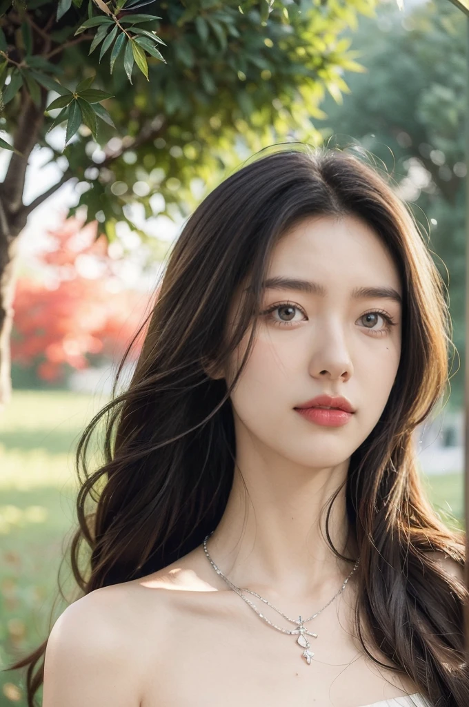 (((best quality))),(((ultra detailed))),(((masterpiece))),illustration,1 beautiful girl,solo,slim,thin,flat chest,shoulder length straight bob hair,flowing hair,fair skin,sparkling eyes,cherry red dress,delicate silver necklace,lush green grass,dewdropletts,lush trees,bird chirping,rustling leaves,brilliant sky,orange and pink,rising sun,shimmering shadows,serenity,beauty,gratitude,awe,wonders of nature,peace,contentment,magnificent world,summer,sunrise,(dawn:1.5),upper body,from front