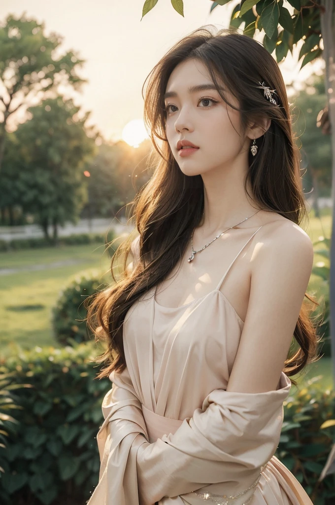 (((best quality))),(((ultra detailed))),(((masterpiece))),illustration,1 beautiful girl,solo,slim,thin,flat chest,shoulder length straight bob hair,flowing hair,fair skin,sparkling eyes,cherry red dress,delicate silver necklace,lush green grass,dewdropletts,lush trees,bird chirping,rustling leaves,brilliant sky,orange and pink,rising sun,shimmering shadows,serenity,beauty,gratitude,awe,wonders of nature,peace,contentment,magnificent world,summer,sunrise,(dawn:1.5),upper body,from front
