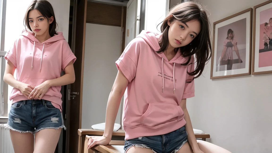 deux femmes ensemble de 18 ans sexy et mince , pink short sleeve hoodie , salle de classe, se touche,position sey,sensuel