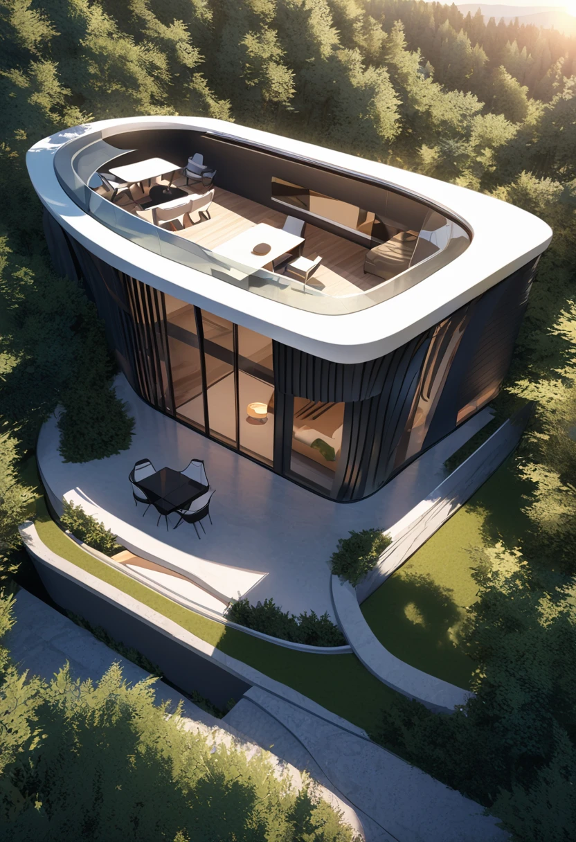 ((((MASTERPIECE)))), HIGH QUALITY,villa,Zaha Hadid,Contemporary Architecture,composite materials facade includes glass and metal,forest,Top-view,sun light –ar 16:9 –v6.0